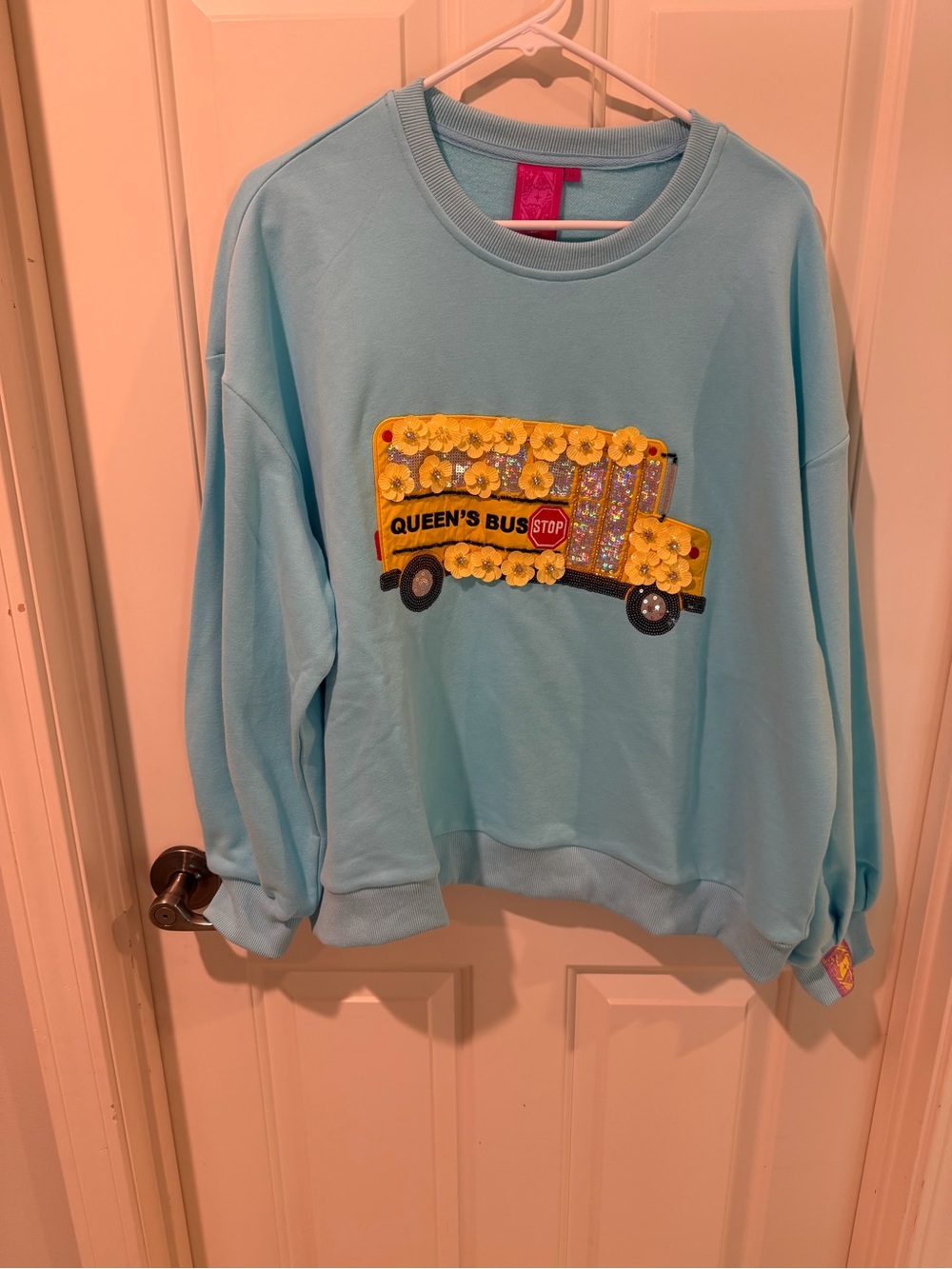NWOT QUEEN OF SPARKLES Light Blue Embellished School Bus Sweatshirt